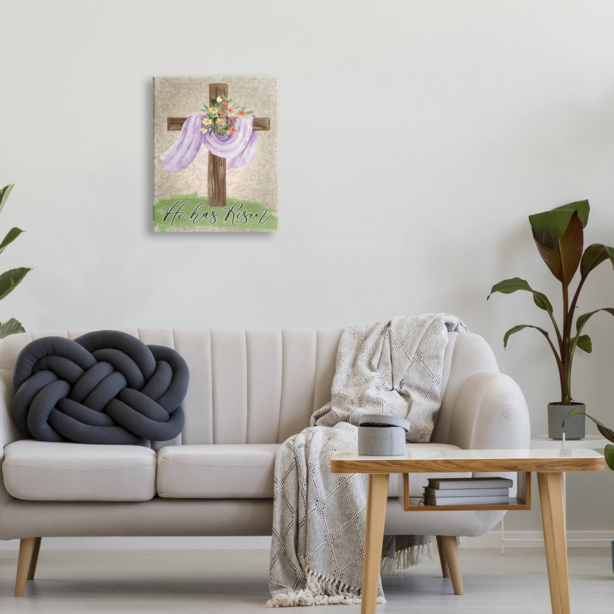 Stupell Industries He Has Risen Spring Floral Cross Brown Damask Pattern Canvas Wall Art